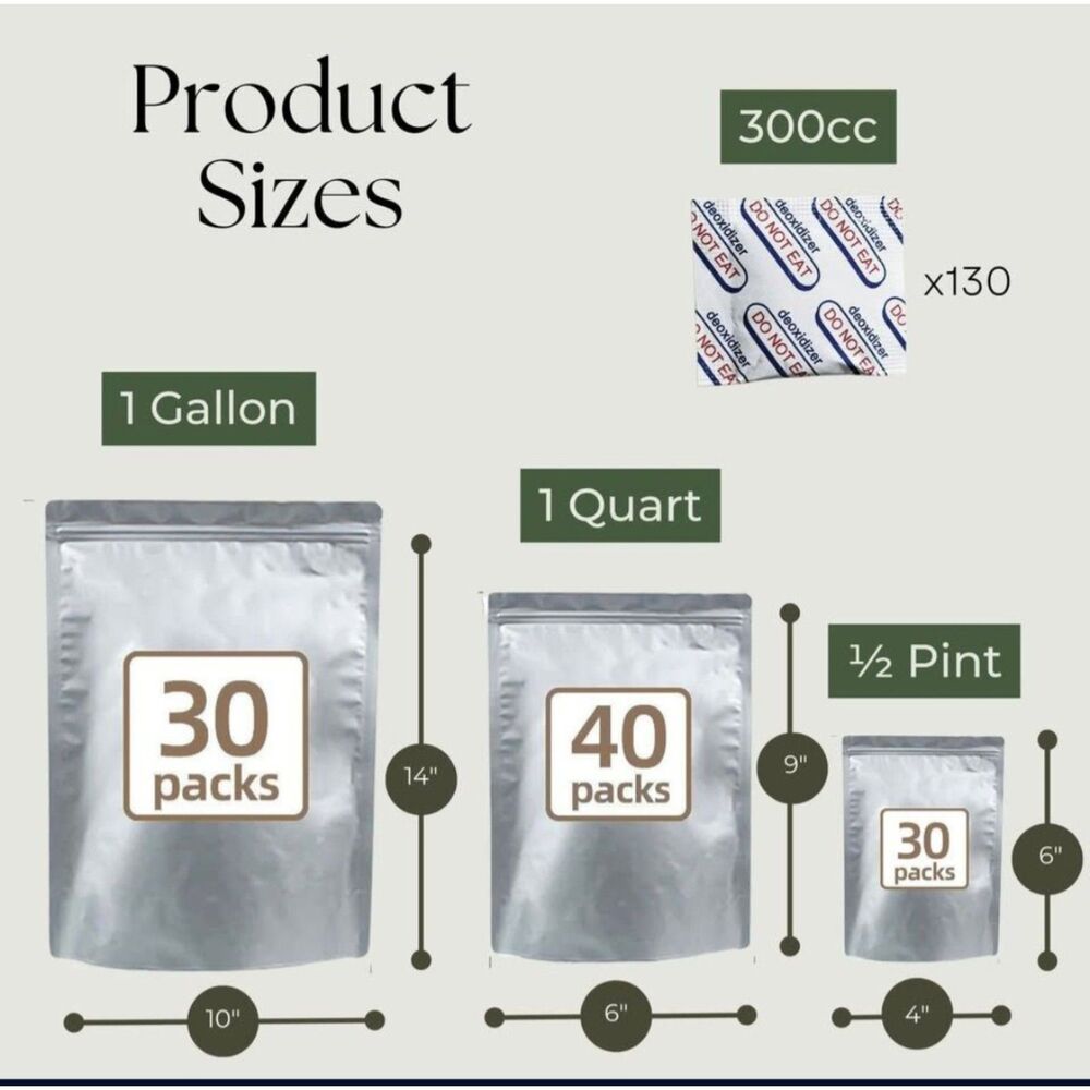 Mylar Bags for Food Storage 100 Stand Up 9.5mil Thick 130 Oxygen Absorbers 300cc